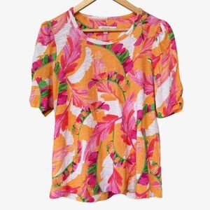 Chico's Tee Size 1 (US Medium) Slub Knit Shirred Short Sleeve Floral T-Shirt